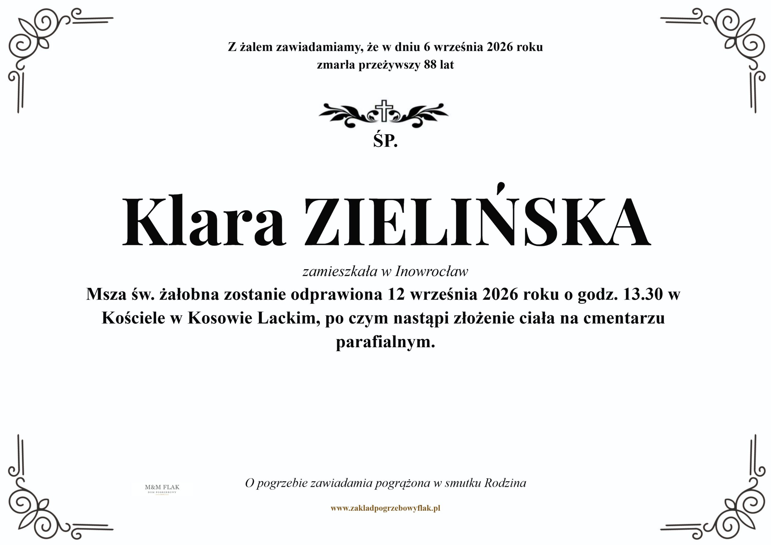 Nekrolog – Klara ZIELIŃSKA